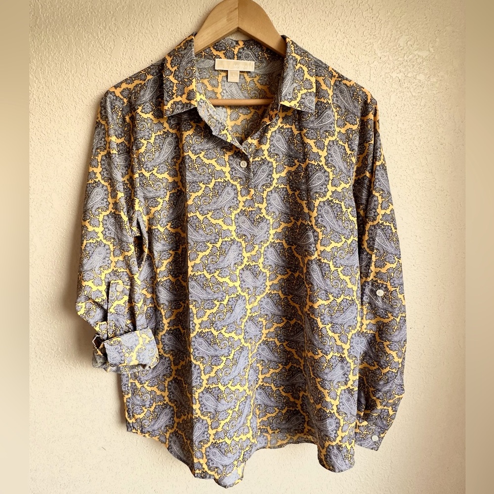 Michael Kors Womens Blouse Large L Yellow Art Nouveau Print Long Sleeve Button